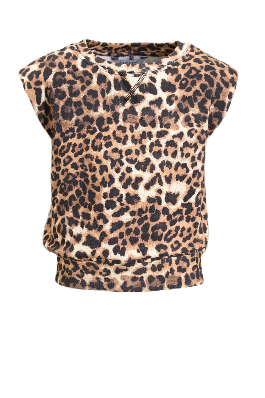 Bruin en zwarte meisjes anytime sweat top van katoen met panterprint, korte mouwen en ronde hals