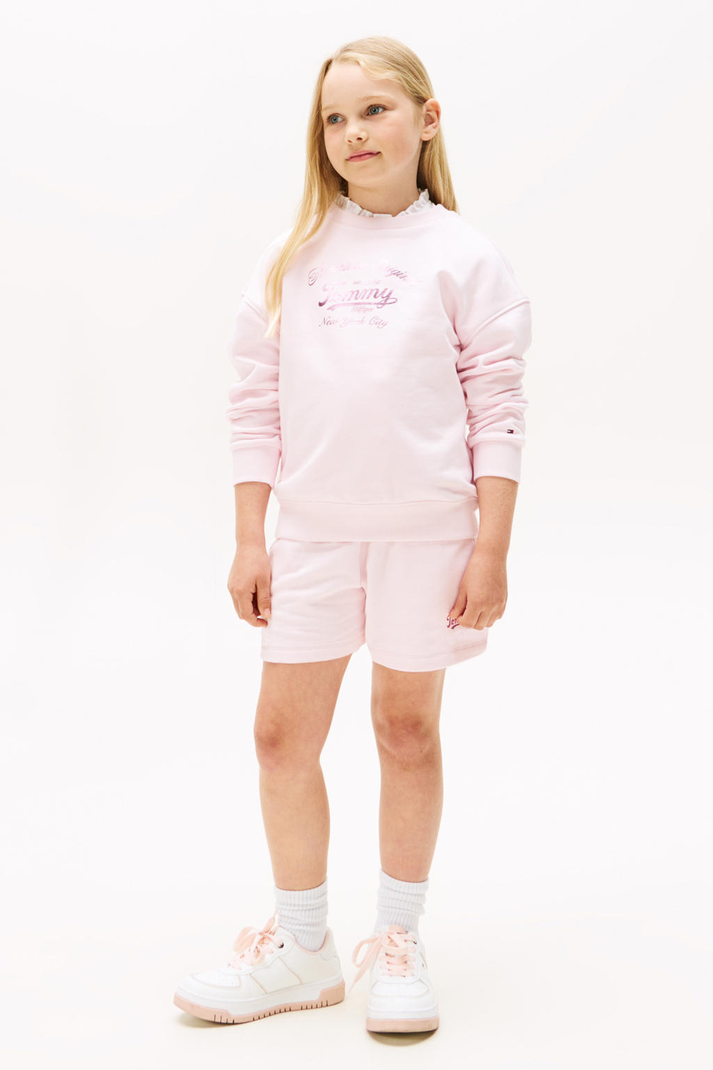 Roze meisjes Tommy Hilfiger sweater van katoen met tekst print, lange mouwen, ronde hals en geribde boorden