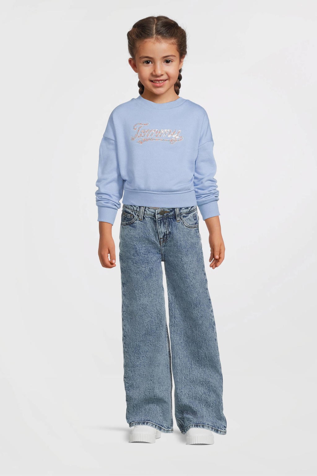 Lichtblauw en zilverkleurige meisjes Tommy Hilfiger sweater met tekst print, lange mouwen en ronde hals