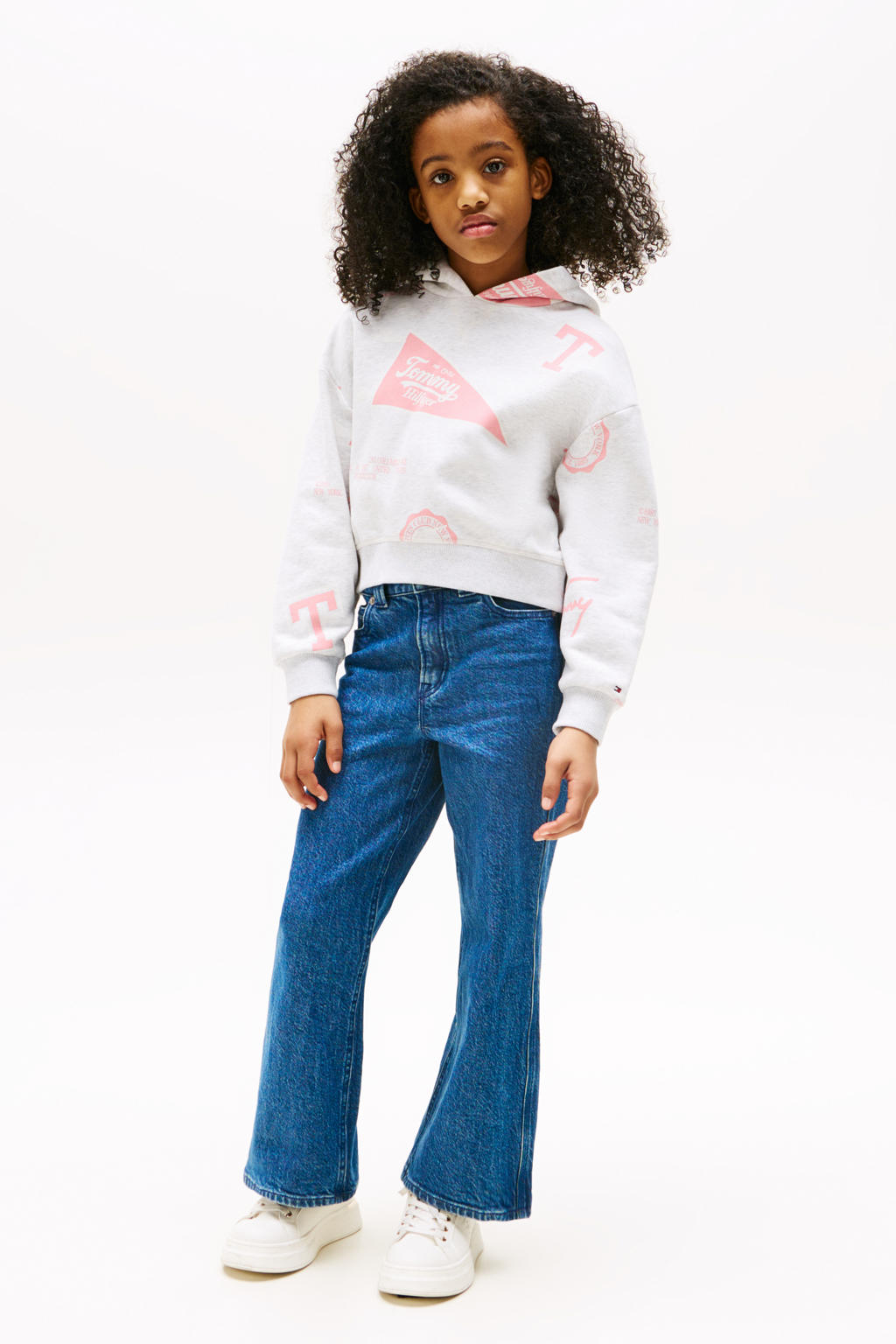 Grijs melange, grijs en roze meisjes Tommy Hilfiger hoodie melange van sweat materiaal met lange mouwen, capuchon en geribde boorden