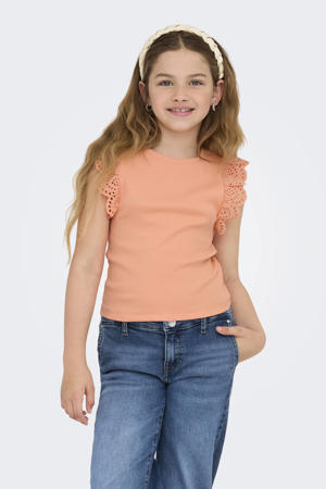 mouwloze top broderie zalm