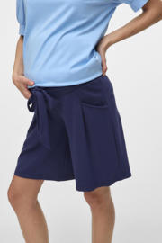 thumbnail: Donkerblauwe dames MAMALICIOUS regular waist zwangerschaps casual short van viscose met elastische tailleband met koord en effen