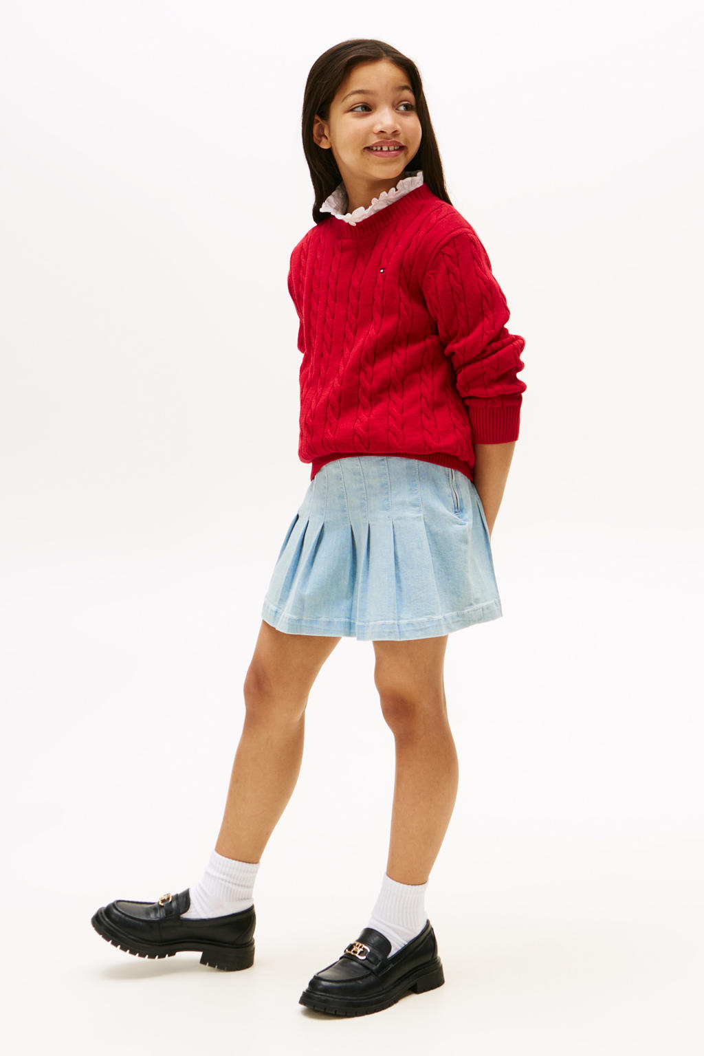 Light blue denim meisjes Tommy Hilfiger korte rok van stretchdenim met effen, ritssluiting en plooien