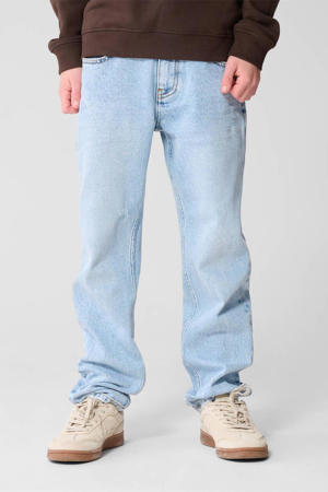 relaxed waist tapered jeans light blue denim bleched