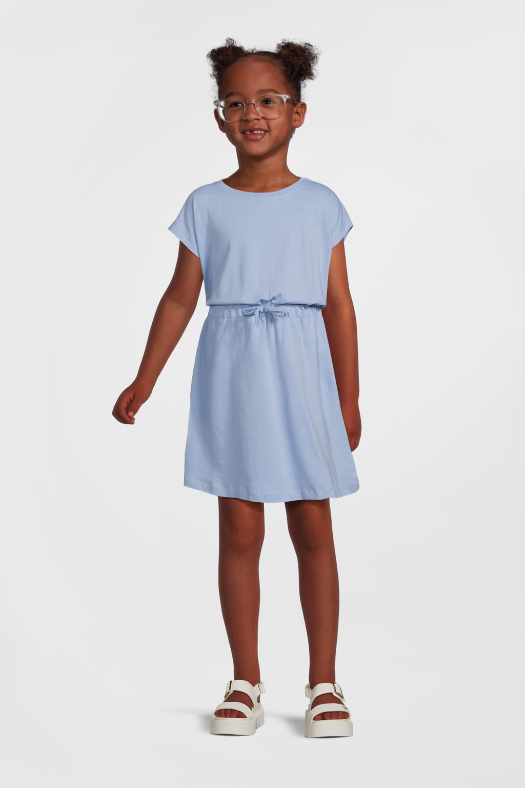 Lichtblauwe meisjes NAME IT KIDS zomerjurk van katoen met effen, korte mouwen, ronde hals en striksluiting