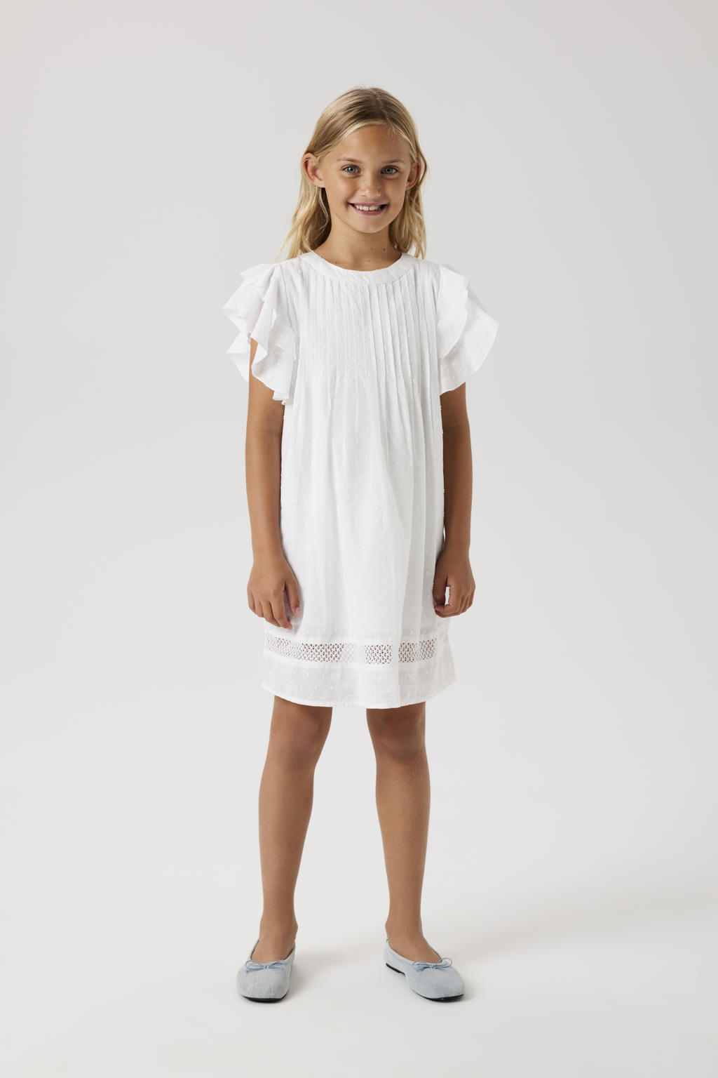Witte meisjes NAME IT KIDS A-lijn jurk van katoen met effen, korte mouwen, ronde hals, knoopsluiting en geweven detail