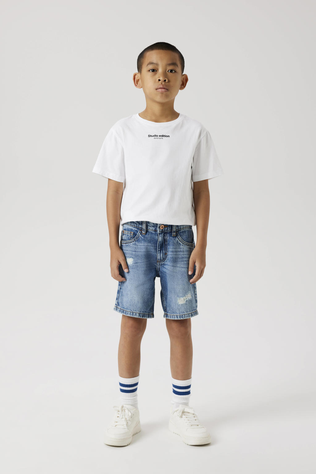 Blauwe jongens NAME IT KIDS loose short van denim met rits- en knoopsluiting en effen