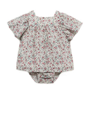 korte romperjurk met bloemenprint roze/groen/offwhite