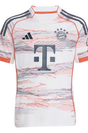 thumbnail: Wit en oranje jongens en meisjes adidas Performance Junior FC Bayern München voetbalshirt Uit van polyester met korte mouwen en ronde hals