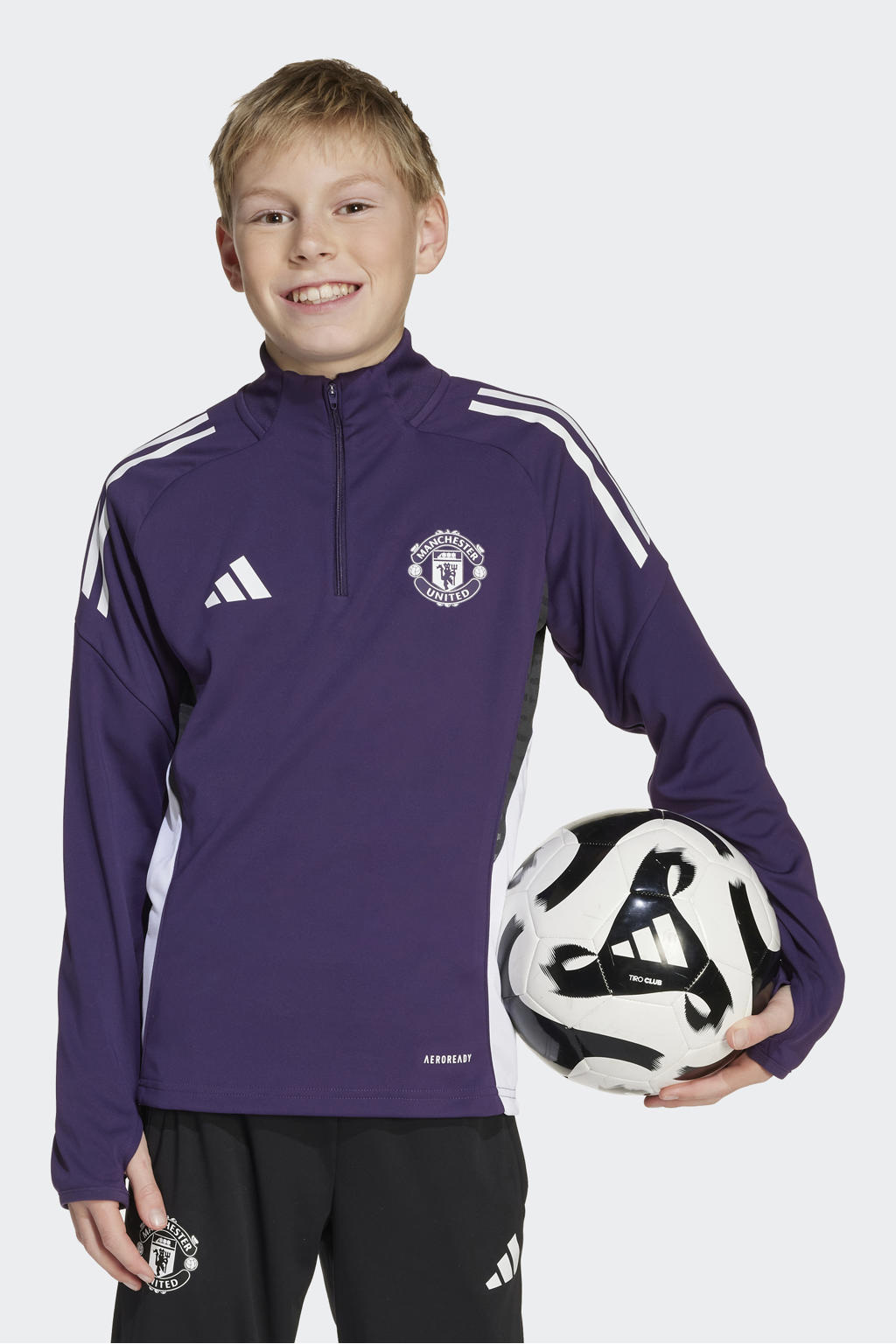 Paars en witte jongens en meisjes adidas Performance Junior Manchester United voetbalshirt Training van polyester met lange mouwen, opstaande kraag en halve rits