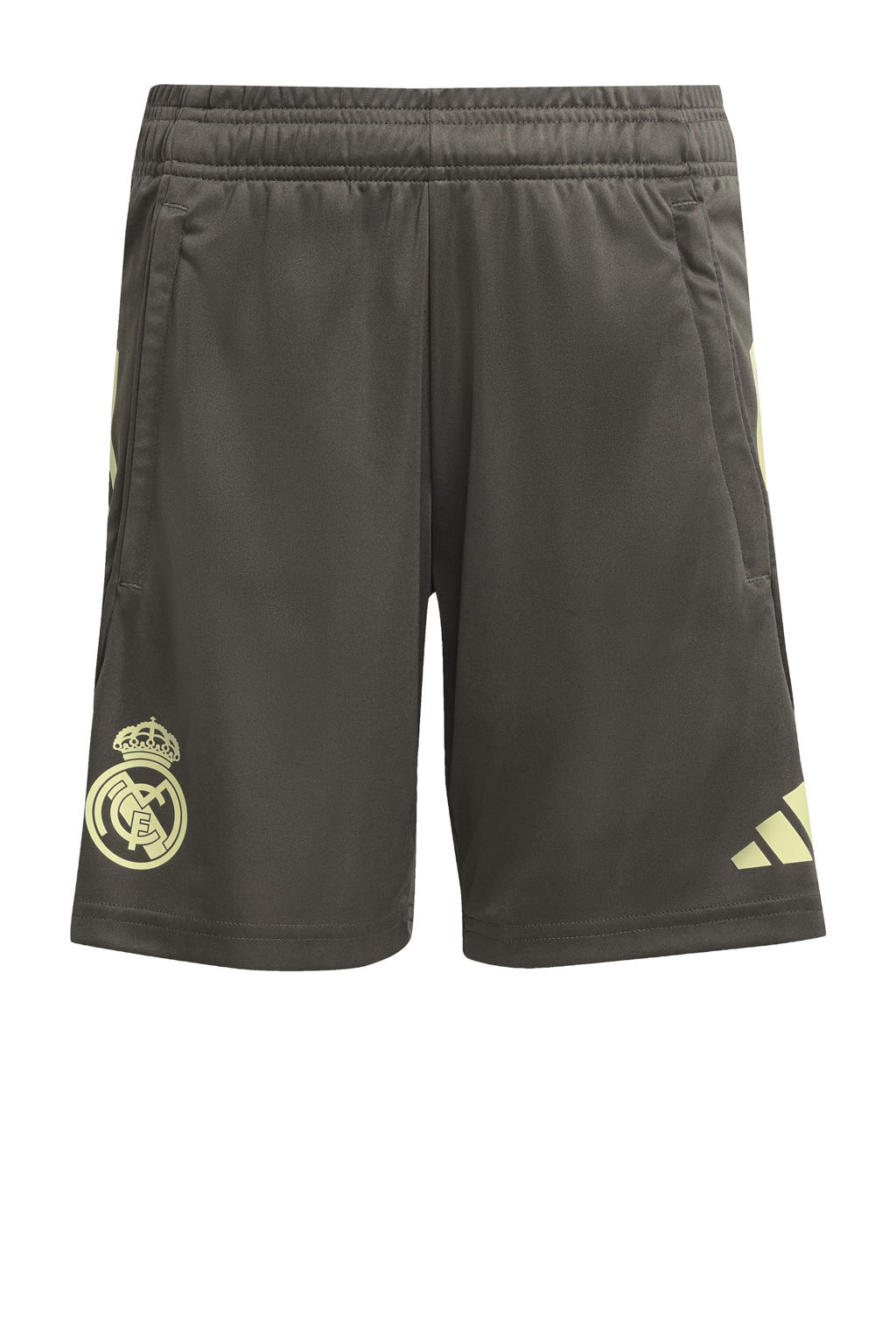 Olijfgroen en lichtgele jongens en meisjes adidas Performance Junior Real Madrid voetbalshort van polyester met slim fit
