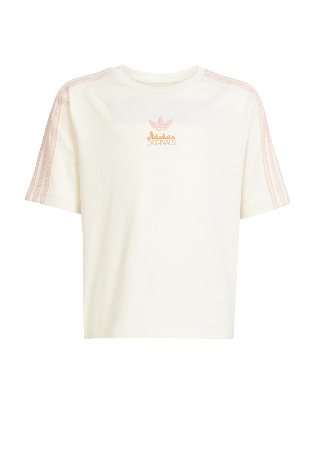 Wit, roze en oranje jongens en meisjes adidas Originals T-shirt van katoen met printopdruk, korte mouwen en ronde hals