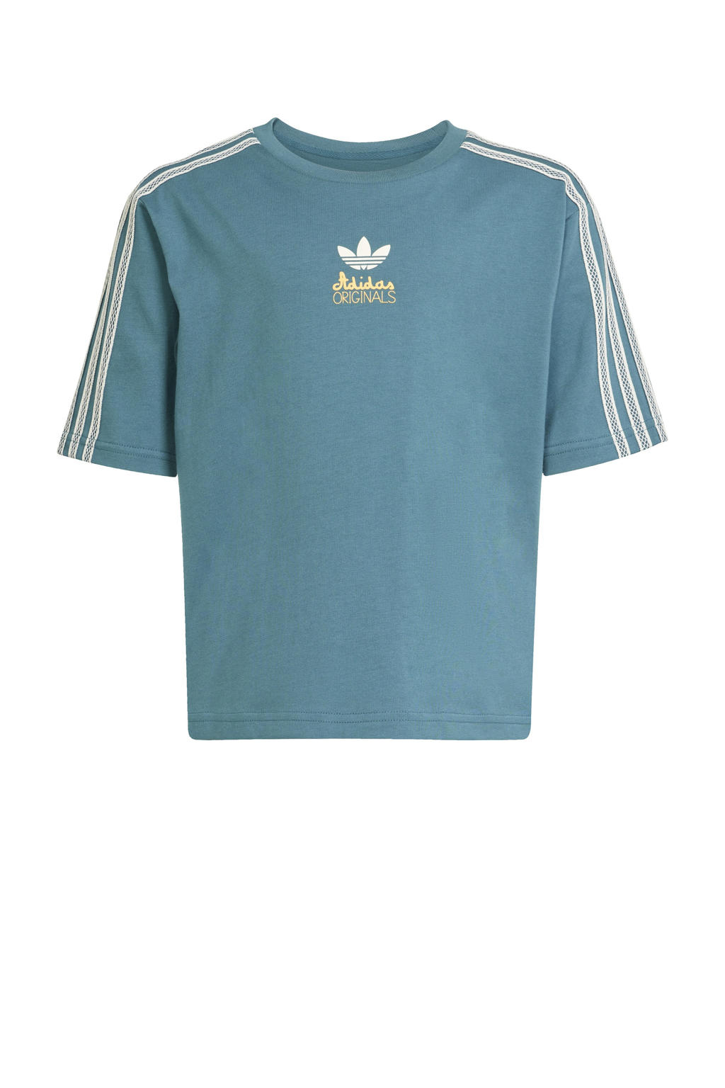 Grijsblauwe jongens en meisjes adidas Originals T-shirt van katoen met printopdruk, korte mouwen en ronde hals
