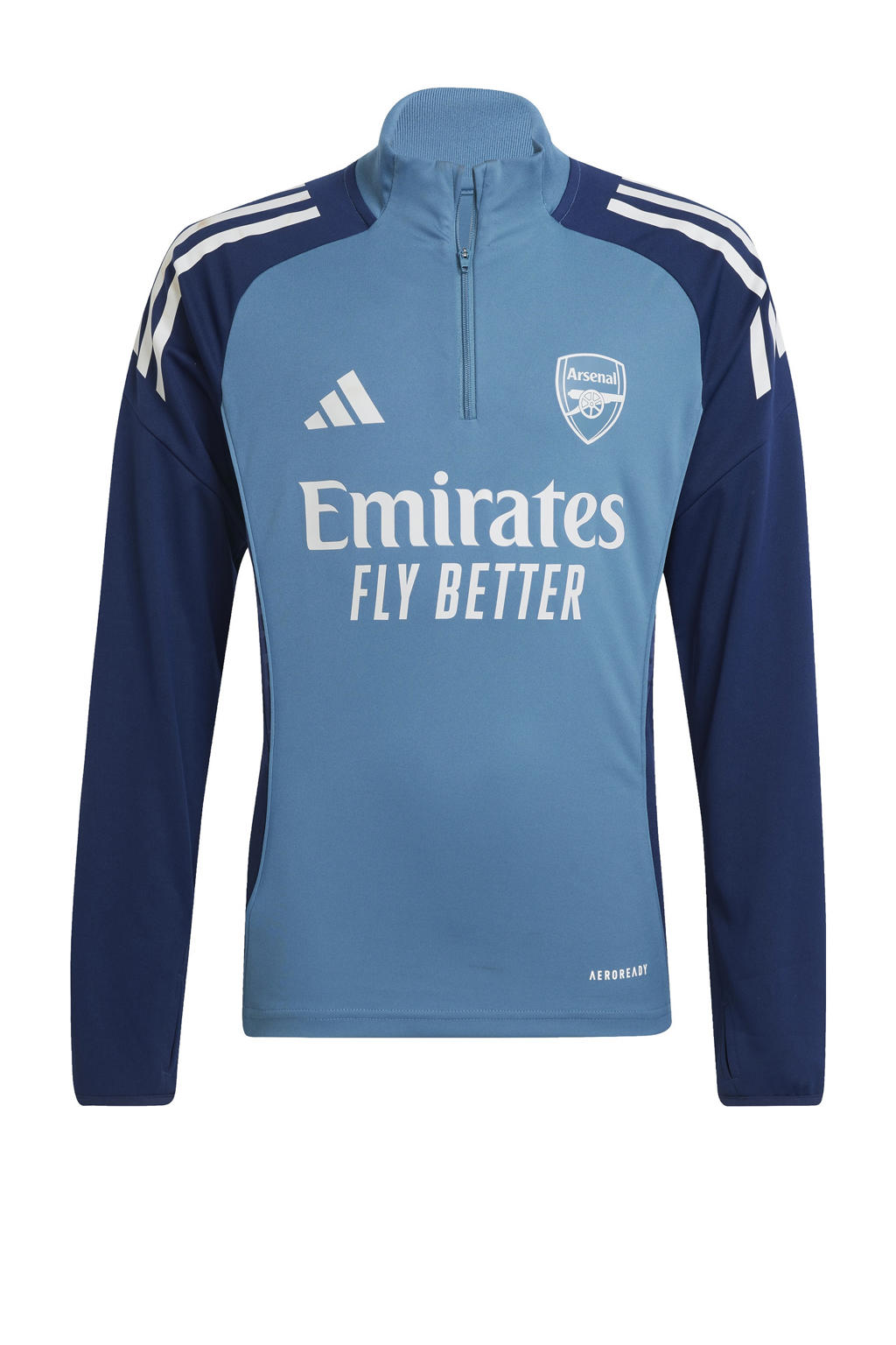 Blauwe jongens en meisjes adidas Performance junior Arsenal FC voetbalshirt van polyester met lange mouwen, opstaande kraag en halve rits