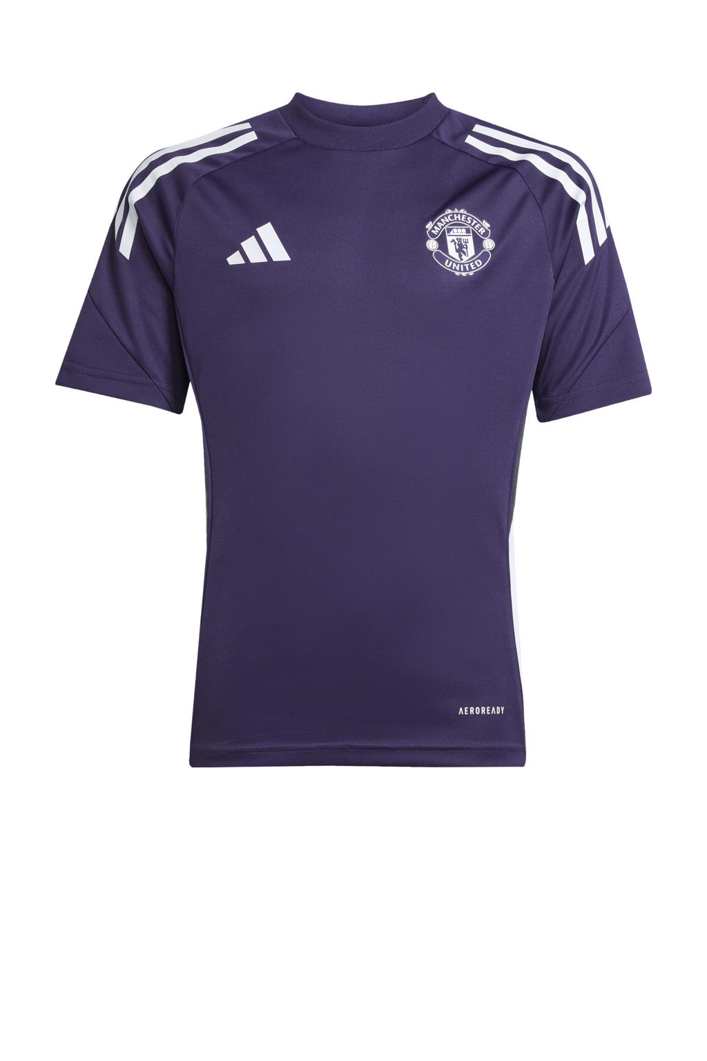 Donkerblauw en witte jongens en meisjes adidas Performance junior Manchester United voetbalshirt van polyester met korte mouwen en V-hals