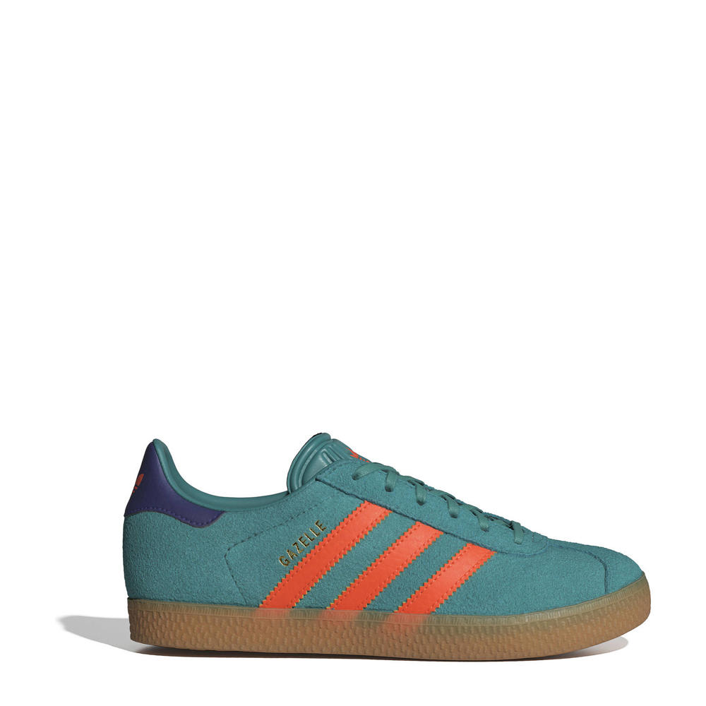 Turquoise en oranje jongens en meisjes adidas Originals Gazelle sneakers van suede met veters