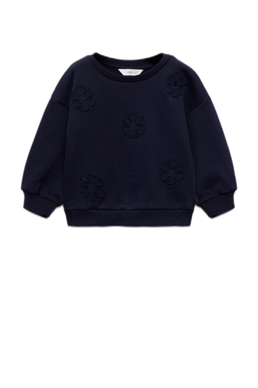 Donkerblauwe jongens Mango Kids sweater met effen, lange mouwen, ronde hals en borduursels