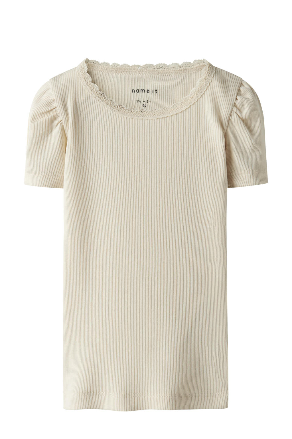 Zandkleurige meisjes NAME IT MINI T-shirt rib gebreid van stretchkatoen met effen, korte mouwen en ronde hals