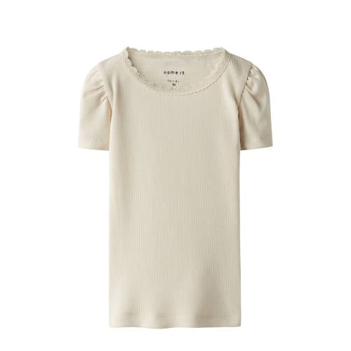 NAME IT MINI T-shirt rib gebreid lichtzand Beige Meisjes Stretchkatoen Ronde hals - maat 110 afbeelding