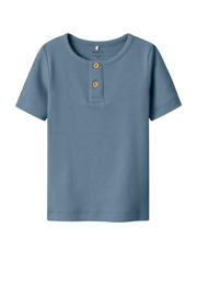 thumbnail: Blauwe jongens NAME IT MINI T-shirt van katoen met effen, korte mouwen, ronde hals en gebreide details