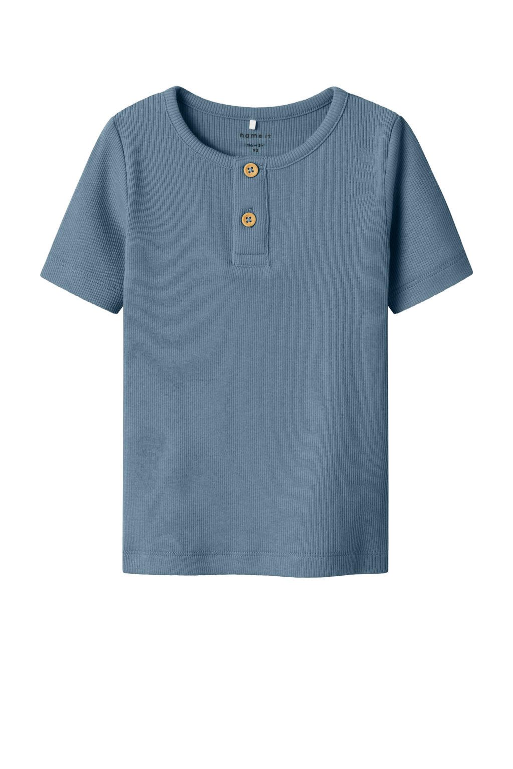 Blauwe jongens NAME IT MINI T-shirt van katoen met effen, korte mouwen, ronde hals en gebreide details