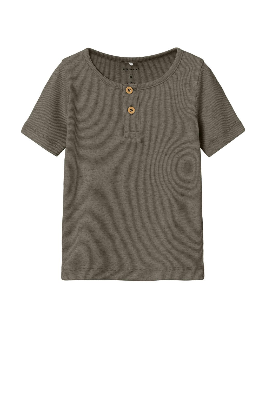 Grijze jongens NAME IT MINI T-shirt van stretchkatoen met melée print, korte mouwen, ronde hals, knoopsluiting en gebreide details