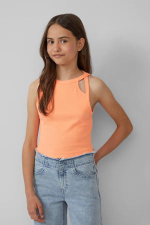 mouwloze top oranje rib gebreid