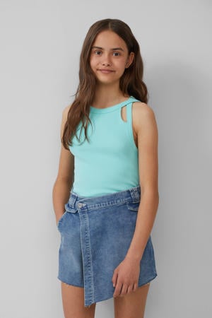 mouwloze top turquoise rib gebreid