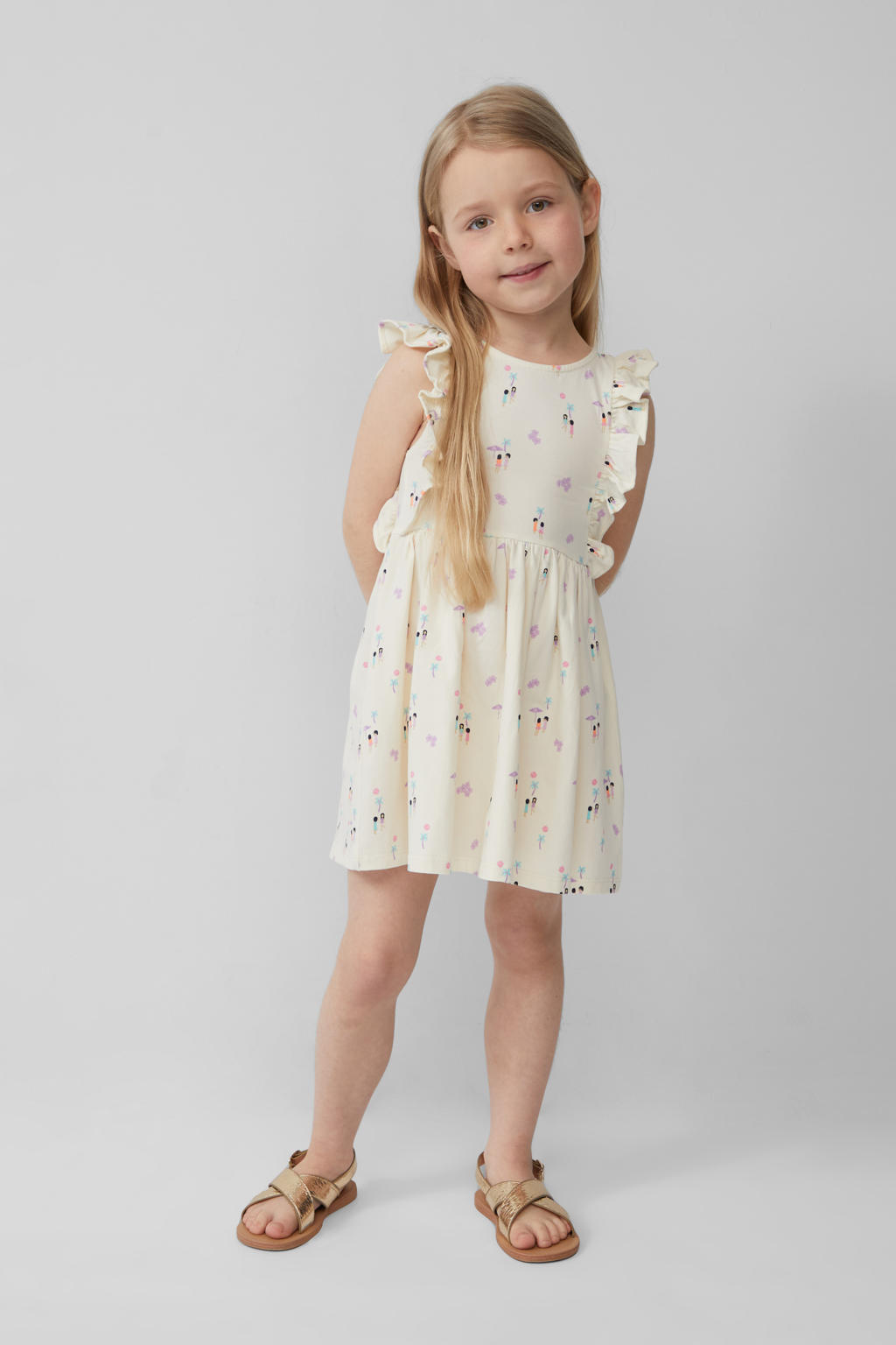 Beige, lila en blauwe meisjes s.Oliver korte jurk van stretchkatoen met ronde hals, elastische tailleband en plooien