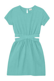 thumbnail: Turquoise meisjes s.Oliver korte jurk van katoen met effen, korte mouwen, ronde hals, knoopsluiting en open detail