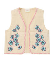 thumbnail: Beige, roze en blauwe meisjes s.Oliver gilet van katoen met bloemenprint, openvallende hals en borduursels
