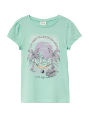 thumbnail: Turquoise meisjes s.Oliver T-shirt van katoen met printopdruk, korte mouwen, ronde hals en glitters
