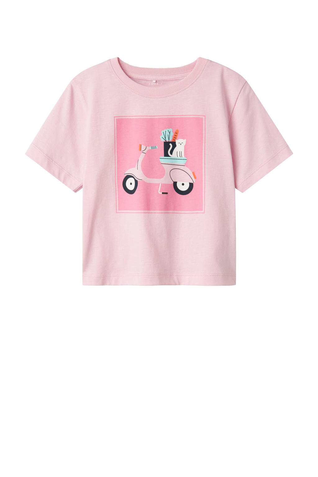 Lichtroze meisjes NAME IT MINI T-shirt van katoen met effen, korte mouwen, ronde hals en glitters