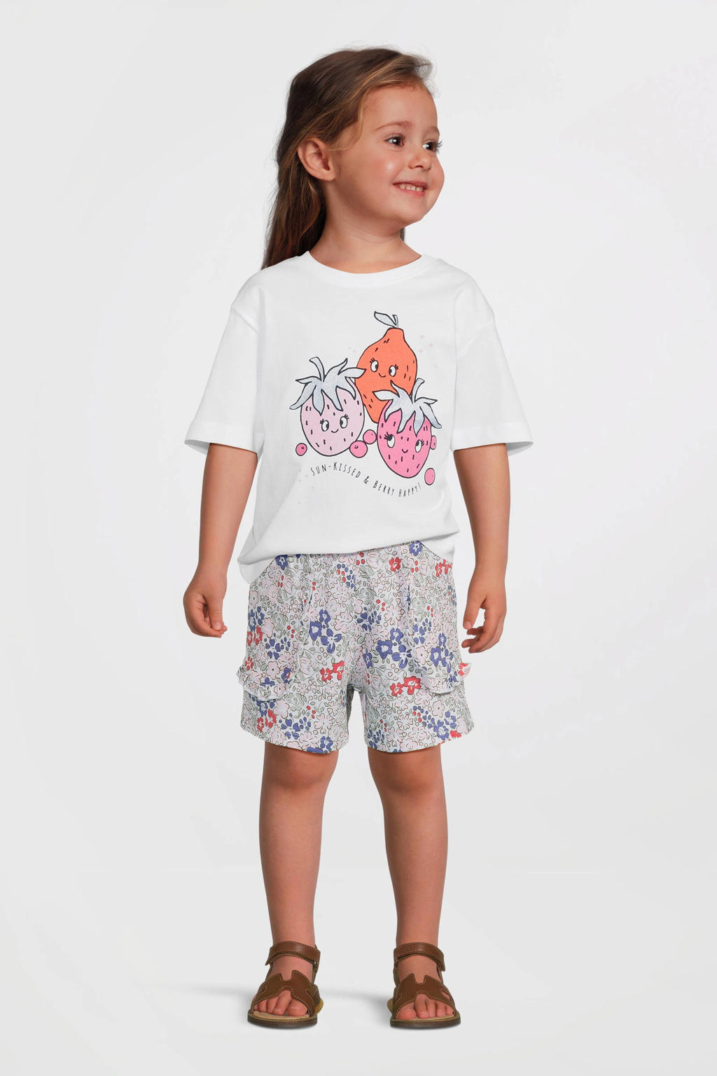 Witte meisjes NAME IT MINI T-shirt van katoen met effen, korte mouwen, ronde hals en glitters