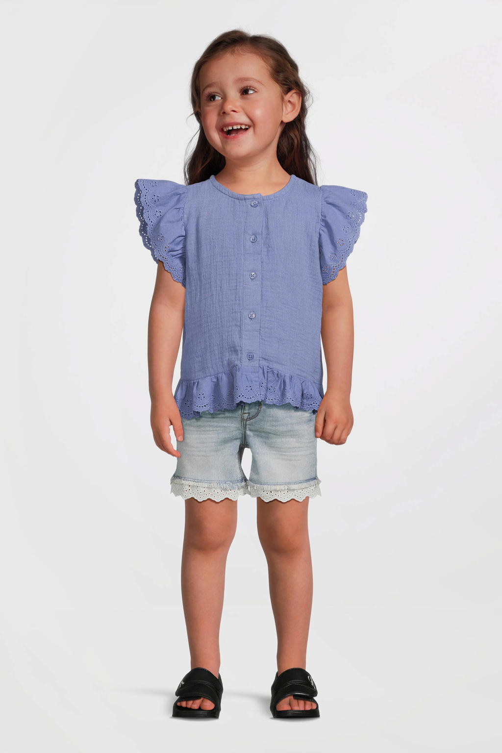 Blauwe meisjes NAME IT MINI blouse broderie met effen, korte mouwen, ronde hals, knoopsluiting en geweven detail