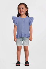 thumbnail: Blauwe meisjes NAME IT MINI blouse broderie met effen, korte mouwen, ronde hals, knoopsluiting en geweven detail