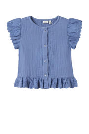 thumbnail: Blauwe meisjes NAME IT MINI blouse broderie met effen, korte mouwen, ronde hals, knoopsluiting en geweven detail