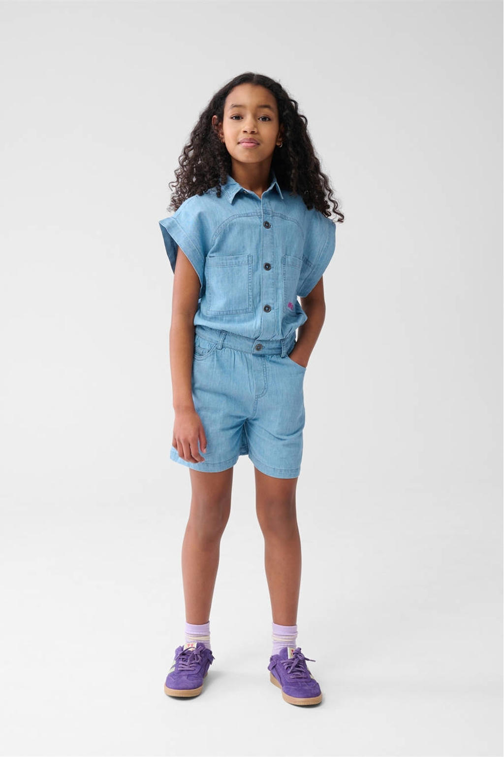 Blauwe meisjes Shoeby regular van denim met knoopsluiting en tekst print
