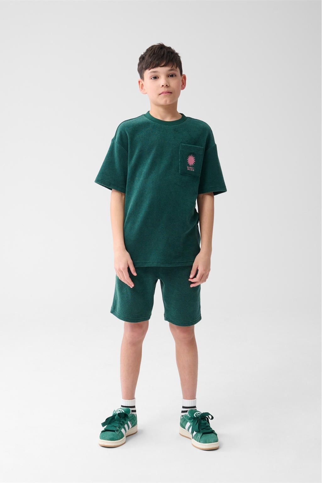 Donkergroene jongens Shoeby T-shirt van katoen met effen, korte mouwen, ronde hals en borduursels