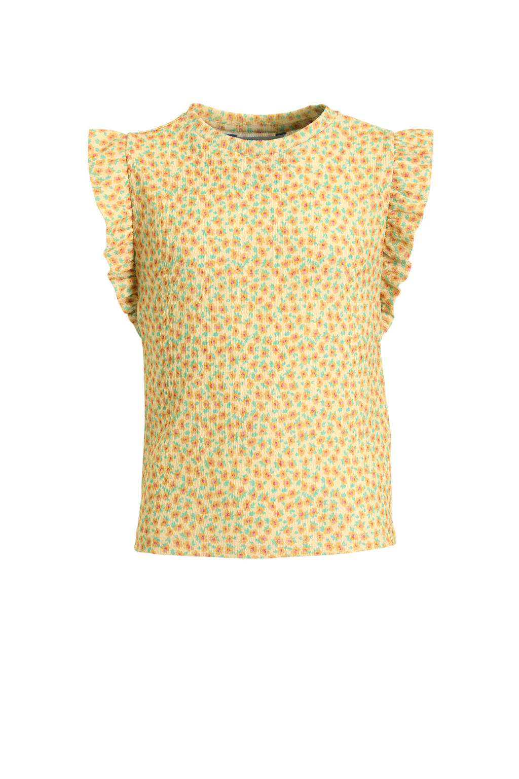 Gele meisjes anytime crinkle top van polyester met bloemenprint, korte mouwen en ronde hals