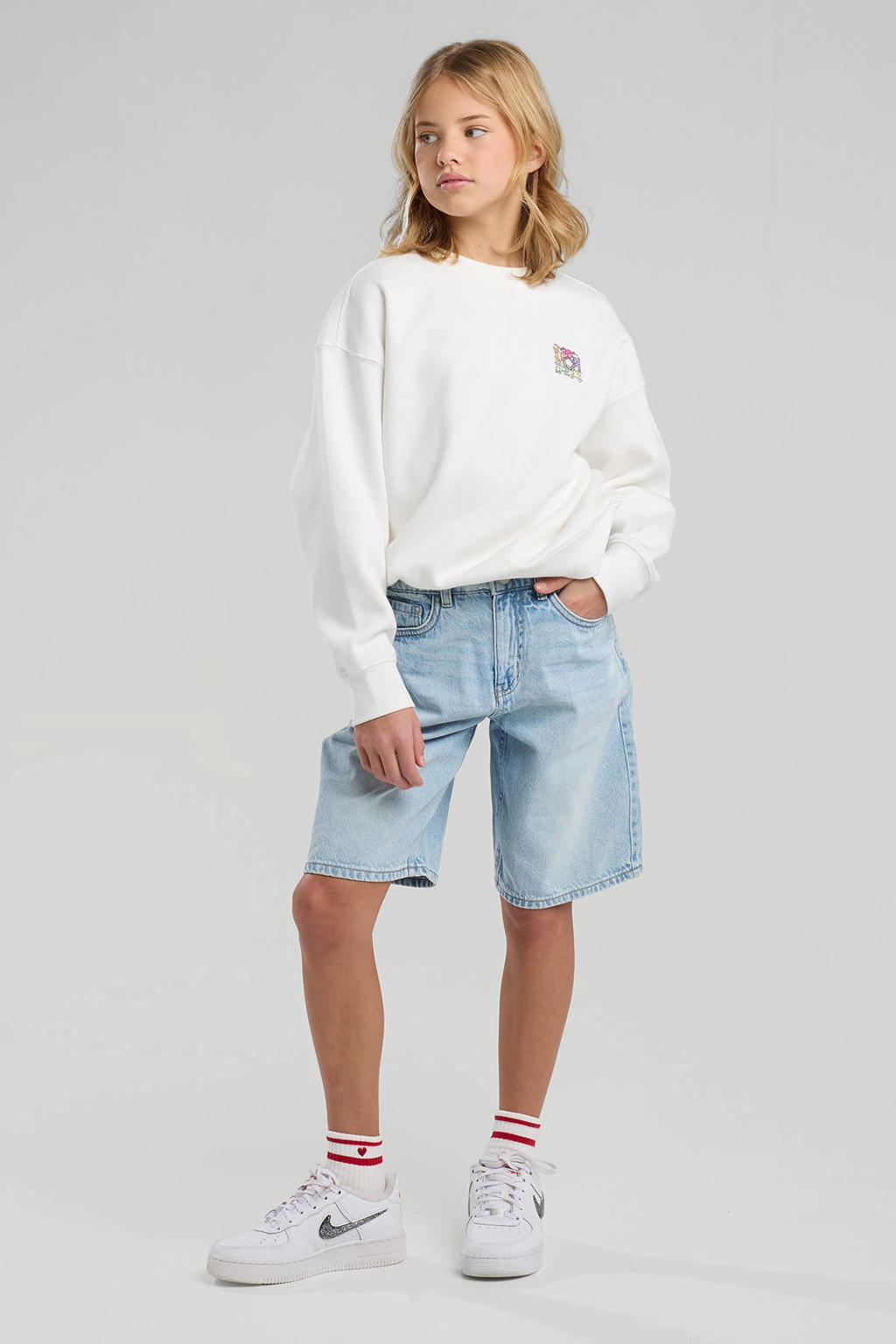 Witte meisjes America Today sweater met backprint, lange mouwen, ronde hals en geribde boorden