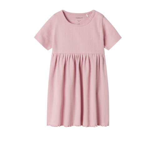 NAME IT BABY korte jurk gebreid roze Meisjes Stretchkatoen Ronde hals Effen