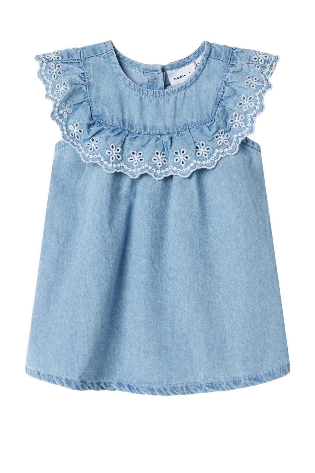 Donkergroene meisjes NAME IT BABY spijkerjurk broderie van katoen met logo dessin, ronde hals en borduursels