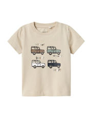 thumbnail: Beige jongens NAME IT BABY T-shirt van katoen met effen, korte mouwen en ronde hals