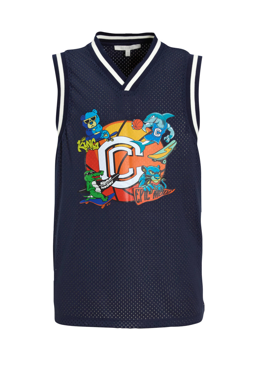 Donkerblauwe jongens Coolcat mesh singlet Mase van polyester met printopdruk en V-hals