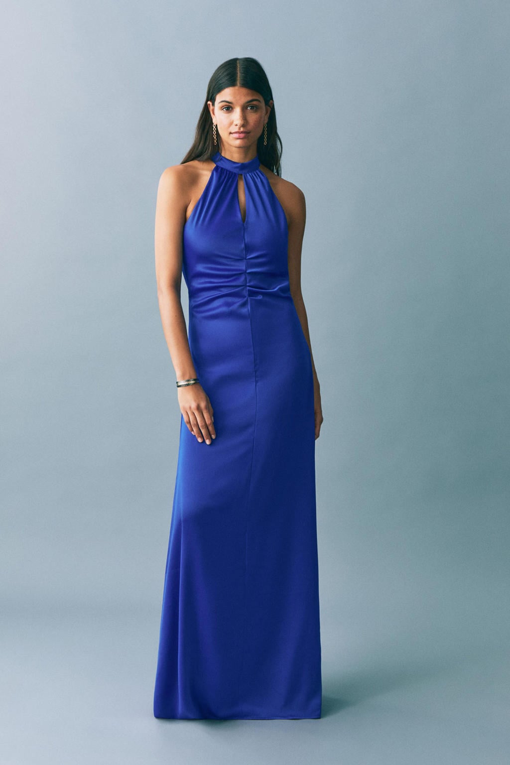 Blauwe meisjes MANGO TEEN galajurk van polyester met effen, halterkraag, striksluiting en open detail