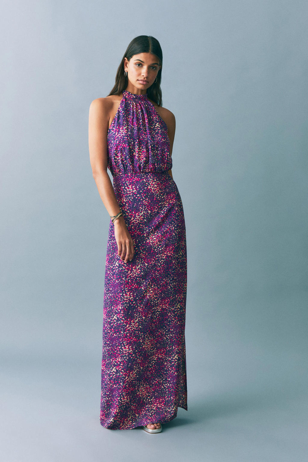 Paarse meisjes MANGO TEEN maxi jurk van viscose met halterkraag, striksluiting en plooien