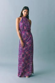 thumbnail: Paarse meisjes MANGO TEEN maxi jurk van viscose met halterkraag, striksluiting en plooien