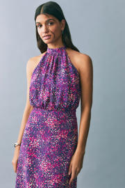 thumbnail: Paarse meisjes MANGO TEEN maxi jurk van viscose met halterkraag, striksluiting en plooien