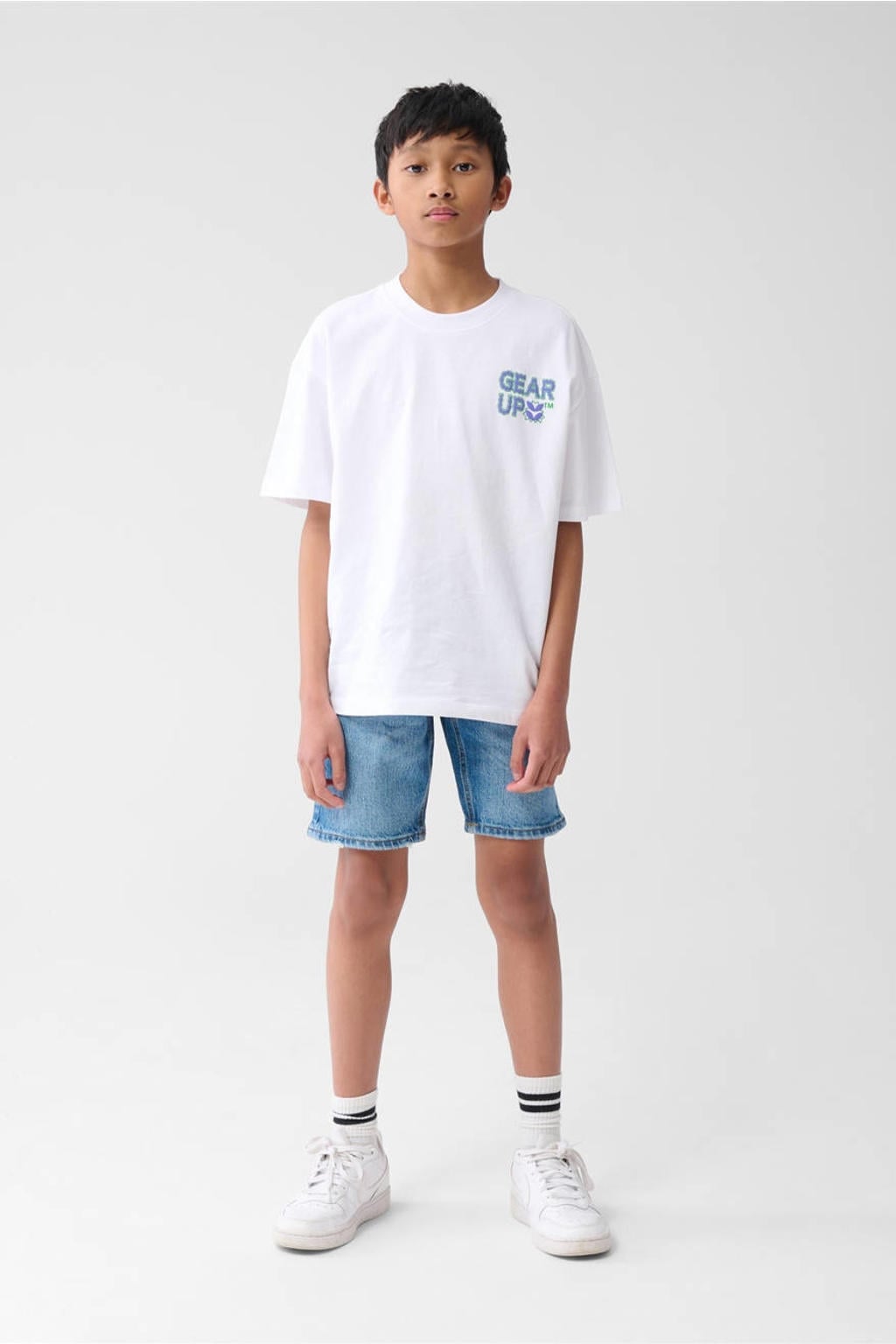 Blauwe jongens Shoeby regular short van katoen met rits- en knoopsluiting en effen